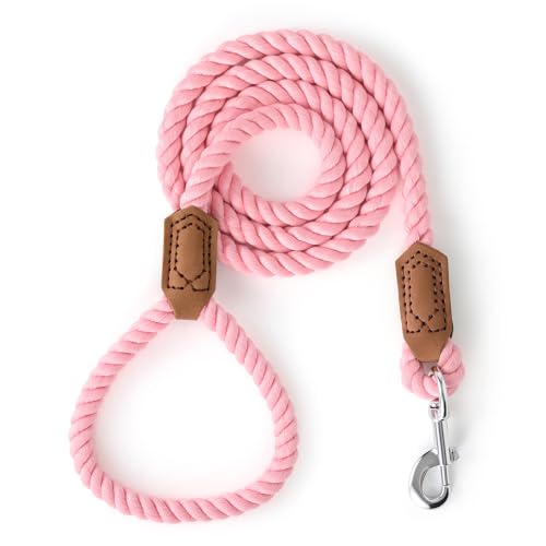 Dog Leash Braided Cotton Rope with Leather (Pink / 60 Inch-1/2")