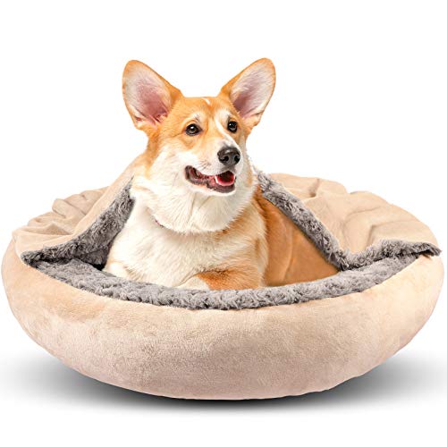 Dog Beds for Small Medium Dogs with Hooded Blanket (Medium (26"x26"x6") / Beige Brown)