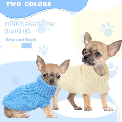 2 Pack XXS Dog Sweater for Small Teacup Dogs 1.5 (XX-Small / Cyan blue+Beige)