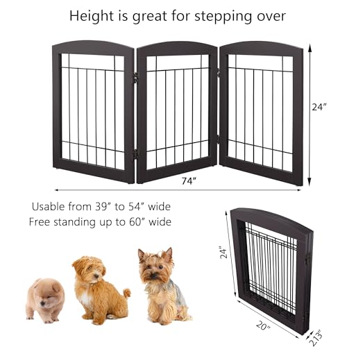 Free Standing Dog Gates for Doorway (Espresso / 【3 Panels】60"W x 24"H)