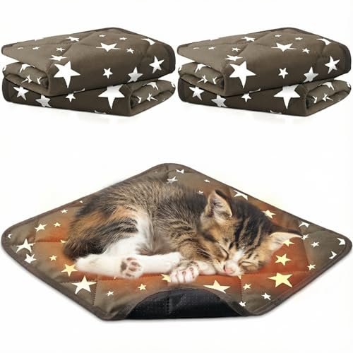 4 Pack Self Warming Cat Bed Self Heating Cat Mat Star Pattern Soft Dog Crate Pad Thermal Pet Mat Anti Slip Kennel Dog Washable Warming Bed for Outdoor Indoor (12 x 12 Inch / Brown)