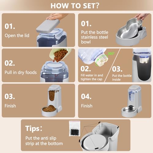 Automatic Cat Feeder and Water Dispenser with Stainless Steel Bowl Dog Gravity Food Feeder and Waterer for Small Medium Pets Puppy Kitten 1 Gallon x 2 (Charcoal gray)