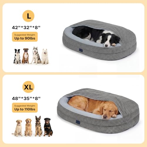 2-in-1 Dog Cave Bed with Cover, Covered Dog Bed for Large Dogs (Gray / 48"L x 35"W x8"Th)