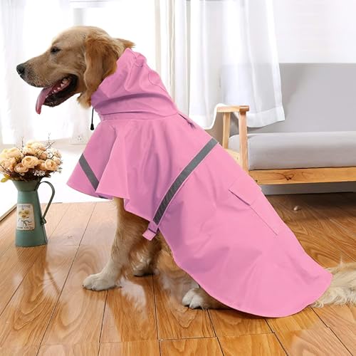 Large Dog Raincoat Adjustable Pet Water Proof Clothes Lightweight Rain Jacket Poncho Hoodies with Strip Reflective (Medium (Pack of 1) / Pink)