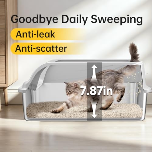 High Sided Stainless Steel XL Cat Litter Box for Cats (Grey L)
