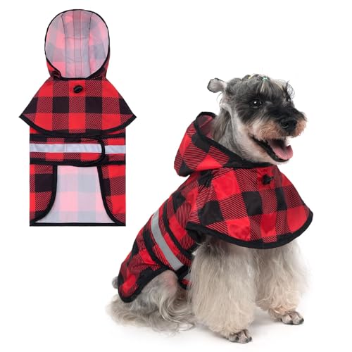 Dog Raincoat Hooded Slicker Poncho with Leash Hole (S:10-15lbs / Plaid Red)