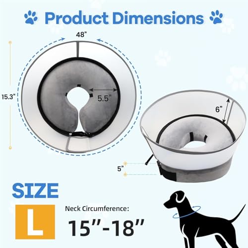 Upgraded Inflatable Dog Cone Collar with Transparent Anti (L (Neck: 15-18") / Grey)