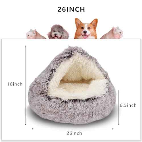 Round Plush Fluffy Hooded Cat Bed Cave (26.0"L x 26.0"W x 6.5"Th / khaki)