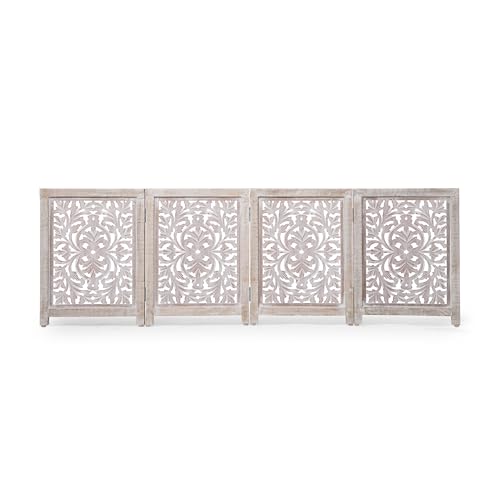 Lightnpro 4 Panel Carved Wooden Dog Gate with Stopper (White Wash / 24x72 - Oliver)