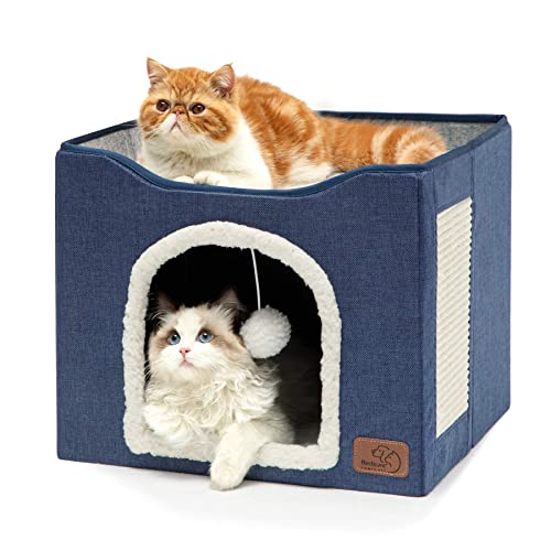Cat House Bed for Indoor Cats with Fluffy Ball and Scratch Pad (Blue / Single)