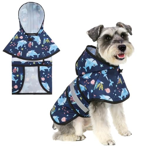 Dog Raincoat Hooded Slicker Poncho with Leash Hole (S:10-15lbs / Blue Shark)