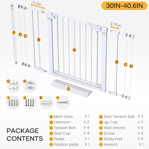 2 Pack 30 40.6 in Baby Gate for Stairs and Doorways (White / 30-40.6"W x 30.5"H (2 Pack ))