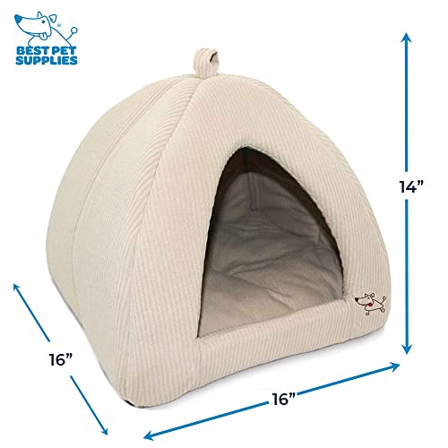 Cat Bed for Indoor Cat (Beige Corduroy / 16" x 16" x H:14")