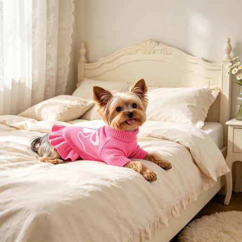 Bowknot Dog Sweater Dress for Small Dogs Girl (X-Large (21-28lbs) / Rose Pink)