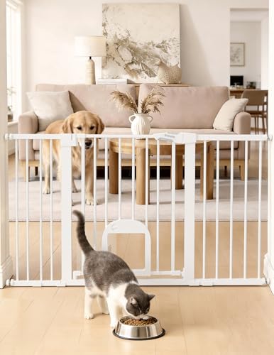 Extra Wide Dog Gate with Small Cat Door (White / 29-55" Wide, 30" Tall)