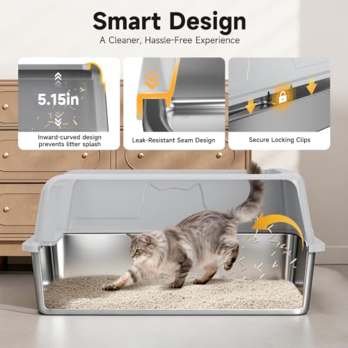 High Sided Stainless Steel XL Cat Litter Box for Cats (Grey XL)