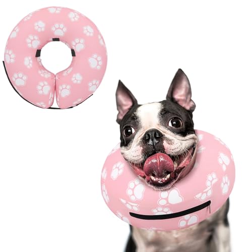 Inflatable Dog Cone Collar Alternative After Surgery (T Paw Pink / S(Neck 7"-9.5"))