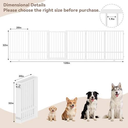 Full Metal Freestanding Dog Gate with Door (【6 Panels】120"W*32H" / White)