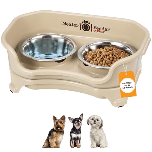 Express Mess Proof Dog Bowls Elevated for Small Breeds Under 15 Lb (Small w/ Standard Bowls / Almond)