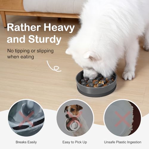Ceramic Slow Feeder Dog Bowls for Medium Large Breed (Large-9.5 inches / Grey)