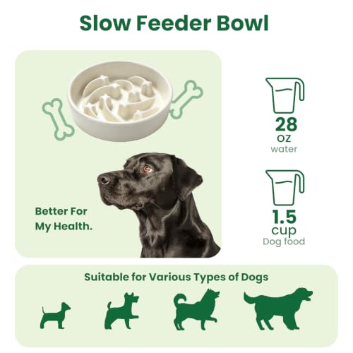 Ceramic Slow Feeder Dog Bowl for Small and Medium Breed 9.05inch Diameter Puzzle Dog Food Bowl Anti (Beige)
