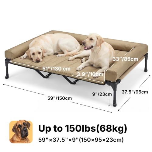 Outdoor Elevated Dog Bed with Waterproof Bolster Cushion (Beige Coffee / 59.0"L x 37.5"W x 9.0"Th)