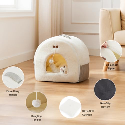 2in1 Cat Bed Cave for Indoor Cats & Small Dog (L - 17.0"L x 20.0"W x 15.9"H / Cream)