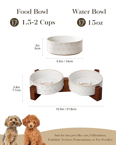 Dog Bowl Set Ceramic Bowls with Walnut Wood Stand (Five-leaf Grass+Honeycomb / 2 Cups)