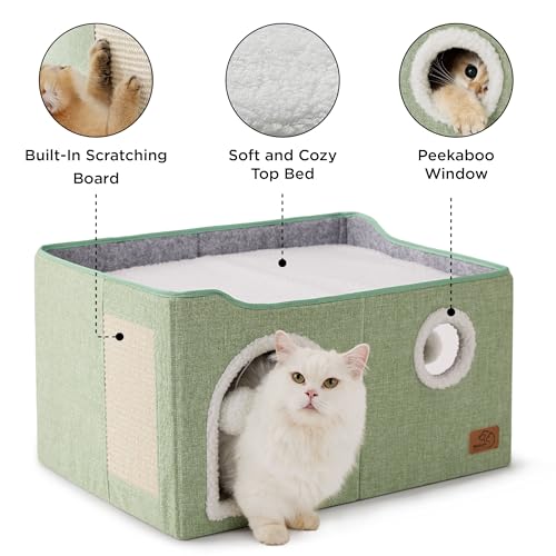 Extra Wide Cat House Bed with Fluffy Ball and Scratch Pad (Green / Widen)