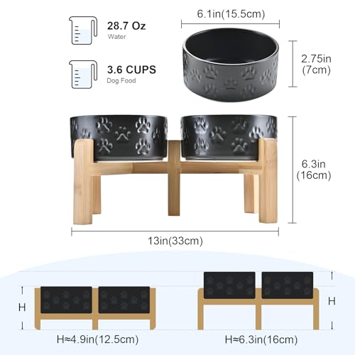 Elevated Dog Bowls Ceramic (6.1 in - 3.6 cups / Paw Black)