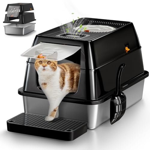Stainless Steel Cat Litter Box with Removable Lid (Black)