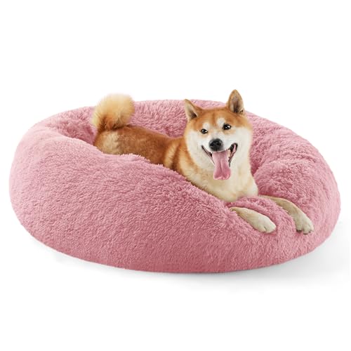 Calming Dog Bed Medium Size Dog Donut Washable Pet Bed (30"L x 30"W x 8"Th / Mauve Blush)