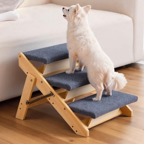 Wood Pet Stairs (Wood Color+Blue / 3-Step Foldable)