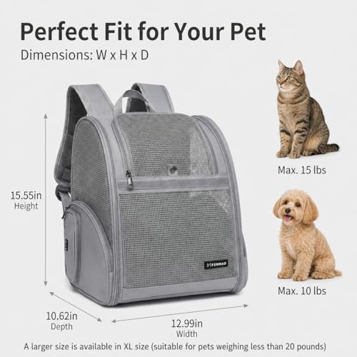 Cat Backpack Carrier for Small Dogs and Medium cat Puppy Kitten Bunny Pet Carrier Backpack Collapsible with Fully Ventilated Mesh with Safety Leash (Gray / 12.9"L x 10.62"W x 15.5"H)