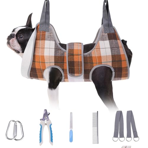 Dog Grooming Hammock for Small Dogs (S (Leg Spacing: 7-10.2" / Max W: 30lbs) / Buffalo Orange)