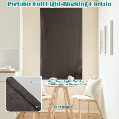 100% Blackout Magic Tape Stick On Curtains Window Shades Pull Down Blackout Window Cover No Drillng Self Adhesive Curtains No Rod Small Windows (35"W x 60"L (Pack of 1) / Dark Brown)