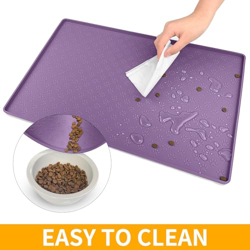 Dog Food Mat Waterproof Pet Bowl Mats with High Lips (31.5"L x 23.6"W / Purple)