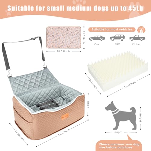 Dog Car Seat Memory Foam Booster for Medium Dogs up to 45 lbs (Brown / Medium)