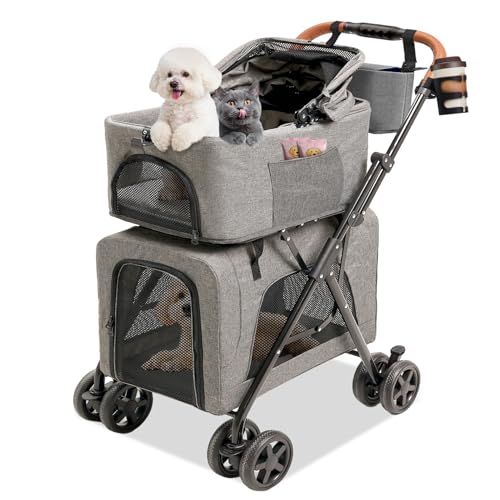 Double Pet Stroller with Detachable Carriers (Double-Grey)