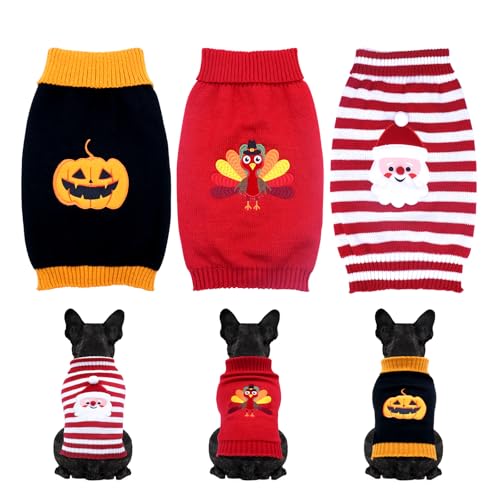 3 Pack Halloween Thanksgiving Christmas Dog Cat Knit Sweater Set (Halloween&Xmas Set / Medium)