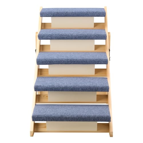 Wood Pet Stairs (Wood Color+Blue / 5-Step Foldable)