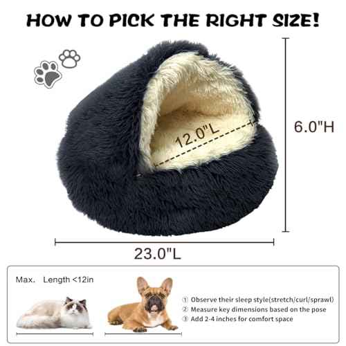 Round Plush Fluffy Hooded Cat Bed Cave (23.0"L x 23.0"W x 6.0"Th / khaki)