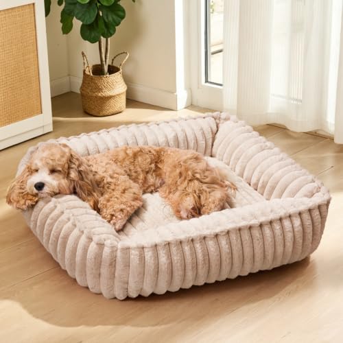 Small Dog Bed Calming Cat Bed for Indoor Cats 20’’x16’’ Khaki (Khaki / 20"L x 16"W x 6"Th)