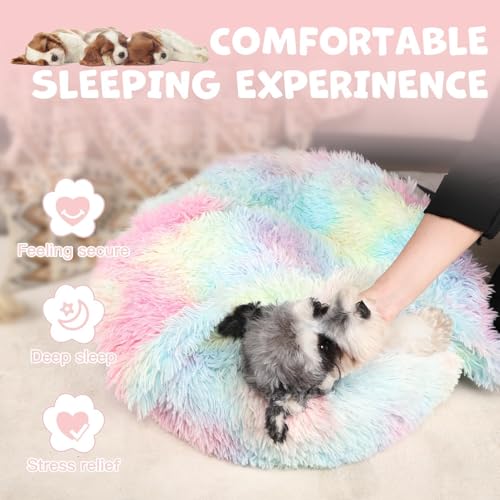 Covered Large Dog Bed with Blanket Attached Calming Burrow Multicolor (35.0"L x 35.0"W x 10.0"Th / Multicolored)