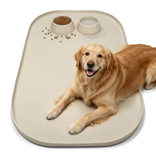 Waterproof Silicone Pet Food Mat with Raised Edge for Dog & Cat (Beige / 36"L x 24"W)