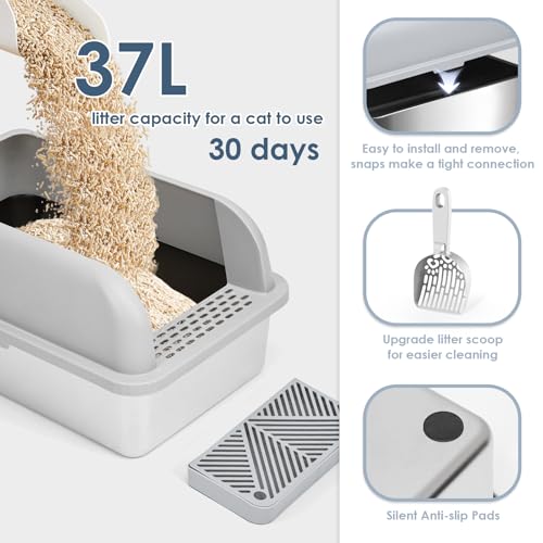 XL Non Sticky Coated Stainless Steel Cat Litter Box with Lid (Light Grey & Black Teflon / Large)