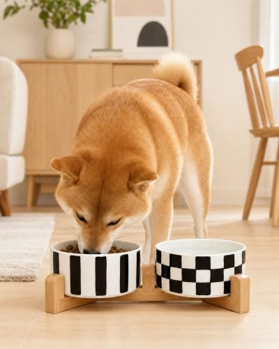 Ceramic Dog Bowl Set of 2 with Wood Stand (M-3.5 Cups / 01-Checkerboard & Stripe)