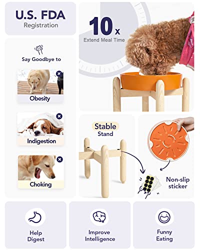 Ceramic Slow Feeder Puzzle Bowl Elevated 1.5 Cup with Wooden Stand for Small & Medium Dog (Sun Orange+Stand / M-1.5 Cups)
