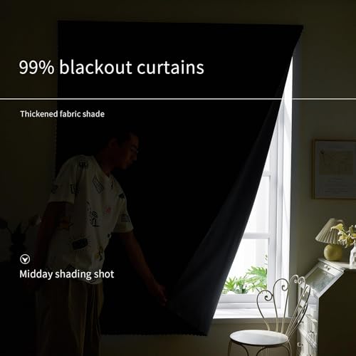 100% Blackout Self Adhesive Curtains Small Window Short Temporary Black Out Curtains Easy to Install Used for Bedroom Kitchen Window Cover (Black/ Thickened / 35"W x 59"L (Pack of 1))