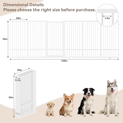 Full Metal Freestanding Dog Gate with Door (【6 Panels】120"W*36H" / White)